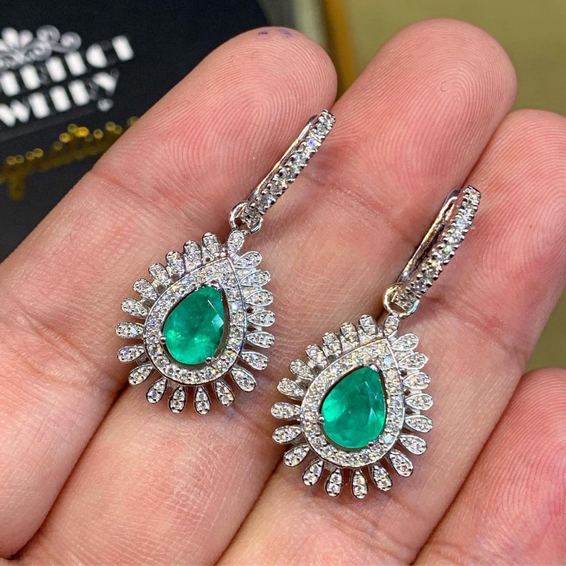 Colombian 3.73TCW Emeralds Diamond 18K solid White gold handmade earrings dangle drop removable vintage chandelier unique natural 2-in-1