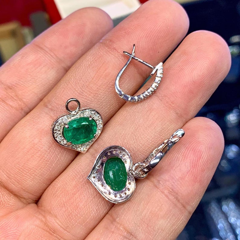 Dangling! 2.78TCW Green Emerald Diamond 18K solid WHITE gold handmade earrings dangle drop white gold chandelier zambia Colombian oval heart