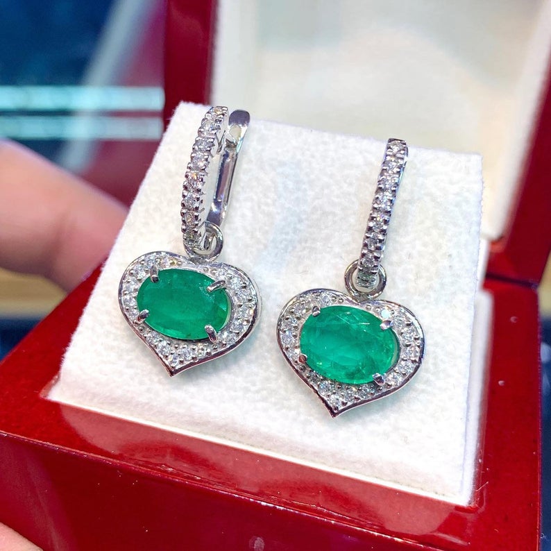 Dangling! 2.78TCW Green Emerald Diamond 18K solid WHITE gold handmade earrings dangle drop white gold chandelier zambia Colombian oval heart