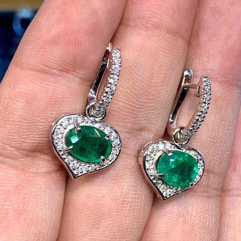 Dangling! 2.78TCW Green Emerald Diamond 18K solid WHITE gold handmade earrings dangle drop white gold chandelier zambia Colombian oval heart