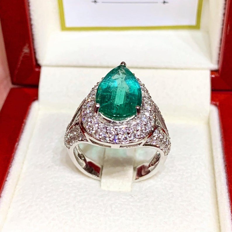 NATURAL 6.75TCW EMERALD Diamonds 18K solid white gold ring engagement huge authentic zambian handmade cocktail colombian halo pear teardrop