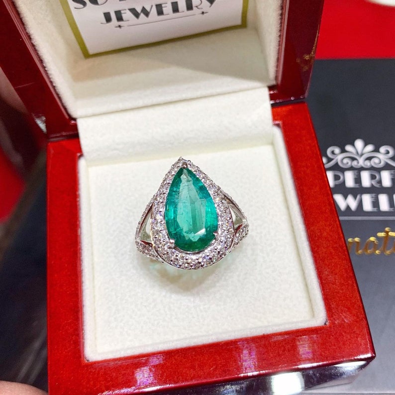 NATURAL 6.75TCW EMERALD Diamonds 18K solid white gold ring engagement huge authentic zambian handmade cocktail colombian halo pear teardrop