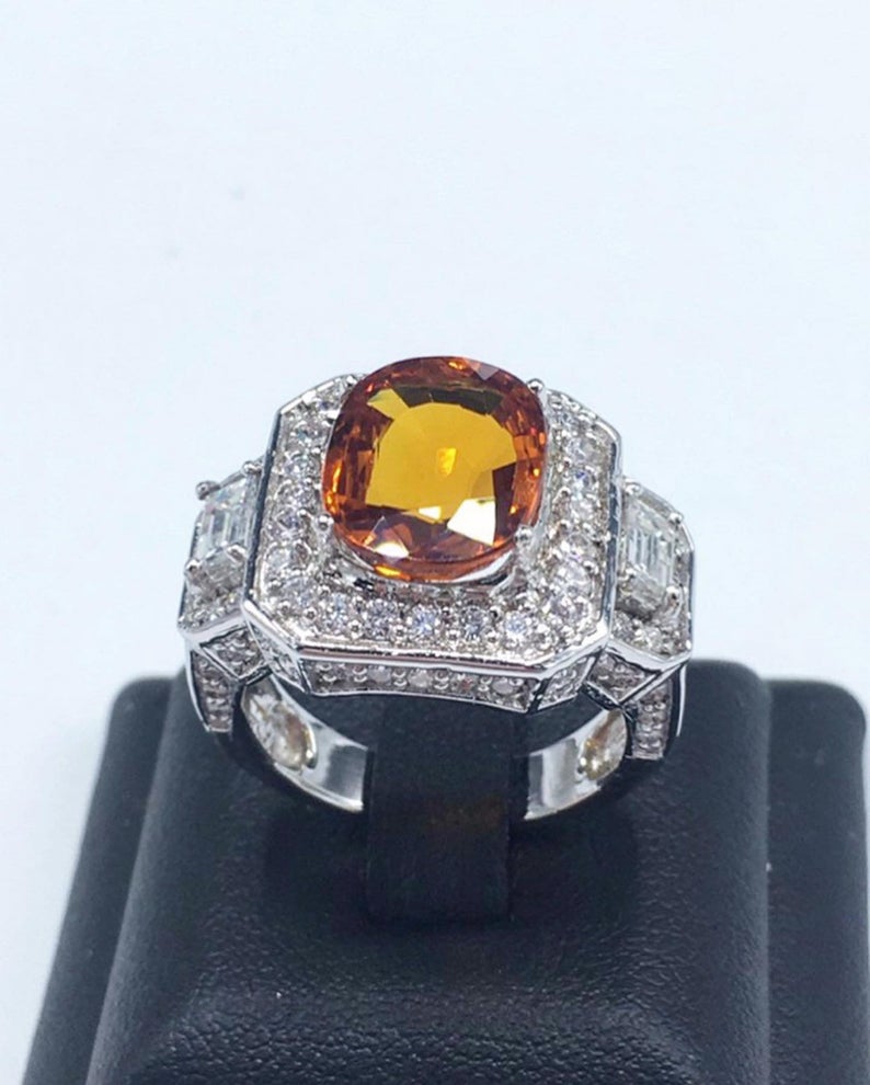 SPARKLING 6.69TCW Yellow Sapphire & Diamonds in 18K solid yellow gold handmade ring ceylon thai certified engagement modern natural orange