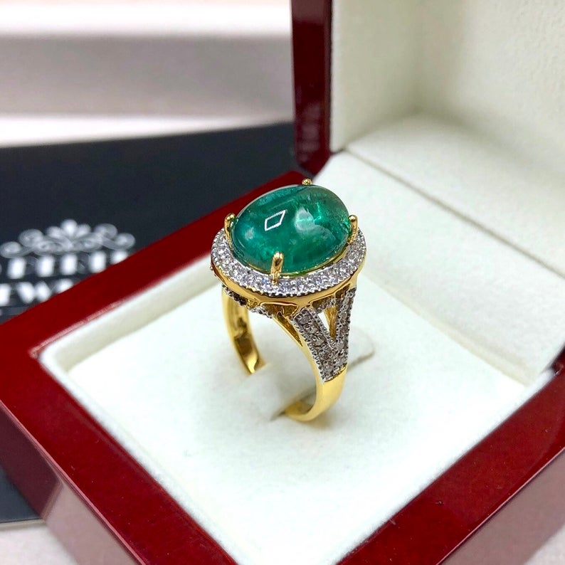 HUGE 7.18TCW Emerald VS Diamonds in 18k solid yellow gold ring engagement wedding colombian zambian modern natural vintage estate cabochon