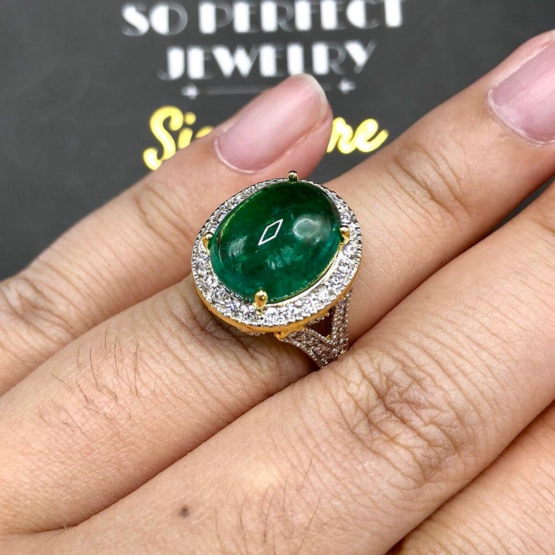 HUGE 7.18TCW Emerald VS Diamonds in 18k solid yellow gold ring engagement wedding colombian zambian modern natural vintage estate cabochon