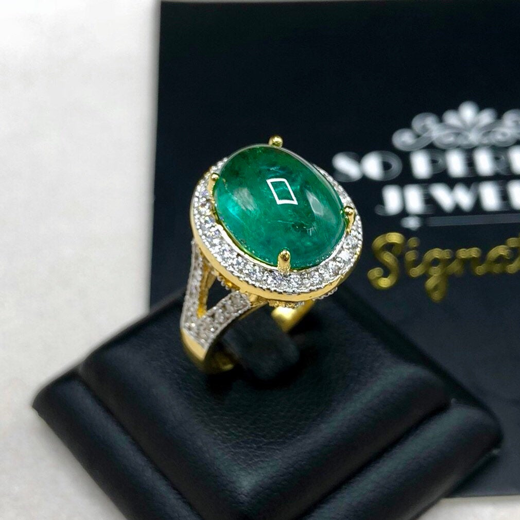 HUGE 7.18TCW Emerald VS Diamonds in 18k solid yellow gold ring engagement wedding colombian zambian modern natural vintage estate cabochon