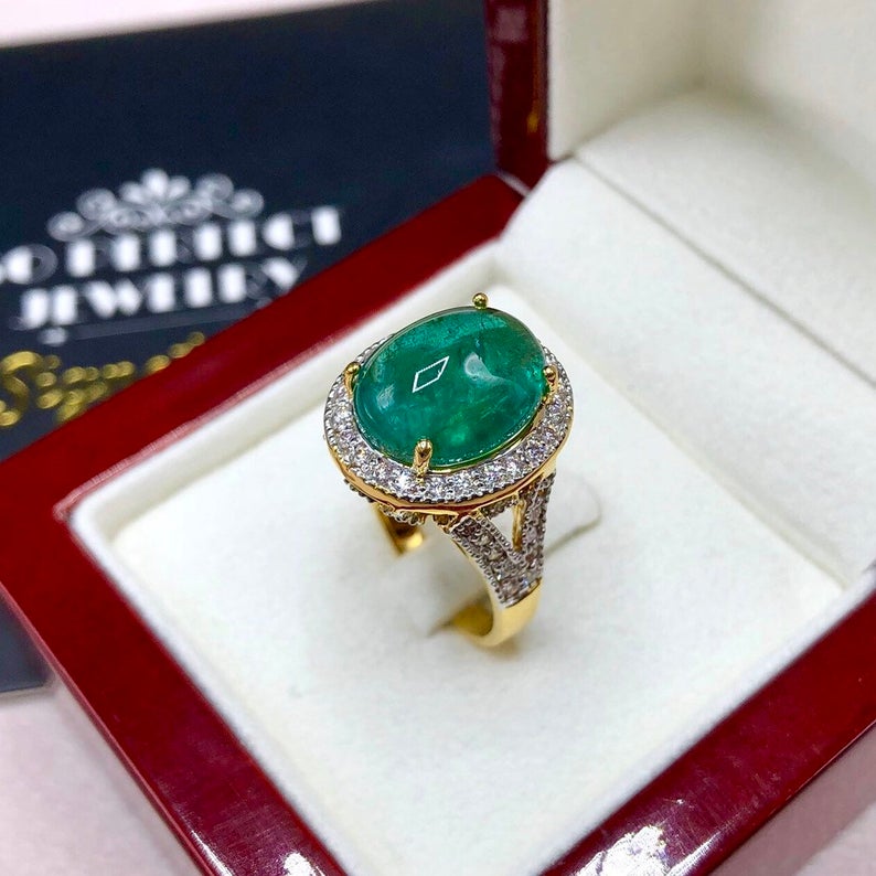 HUGE 7.18TCW Emerald VS Diamonds in 18k solid yellow gold ring engagement wedding colombian zambian modern natural vintage estate cabochon