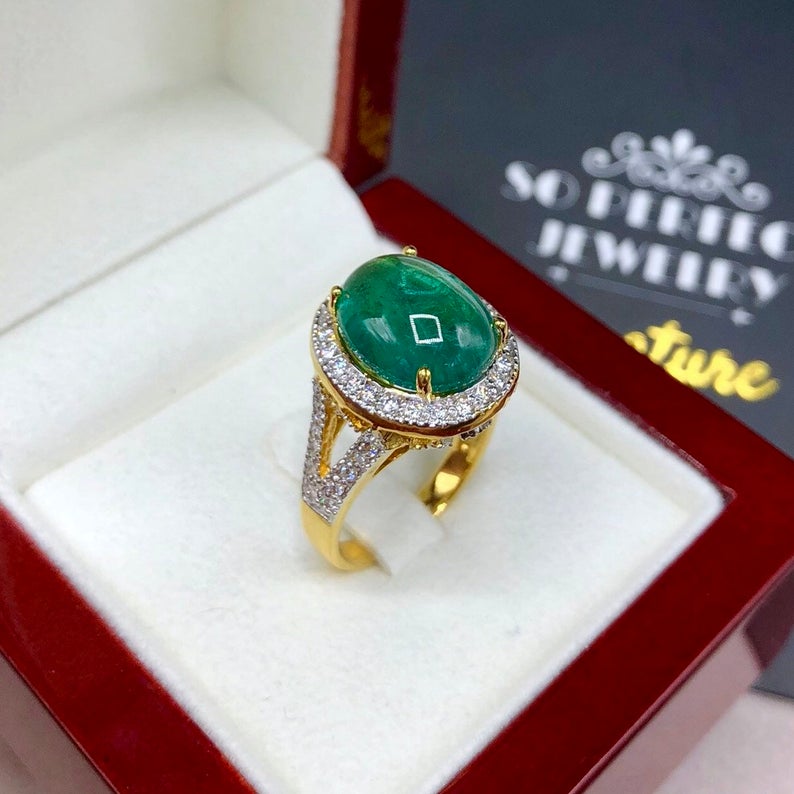 HUGE 7.18TCW Emerald VS Diamonds in 18k solid yellow gold ring engagement wedding colombian zambian modern natural vintage estate cabochon