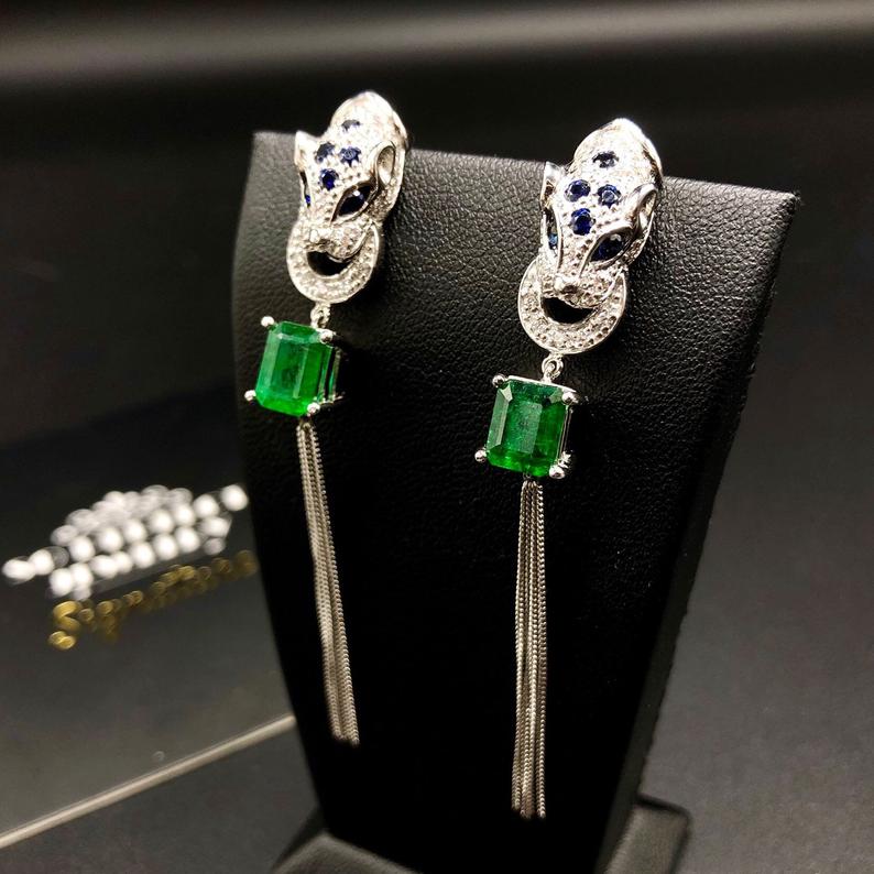 Panther! Genuine Diamonds 18K solid white gold earrings handmade one of a kind gift stud wedding white natural petite brand tiger art deco