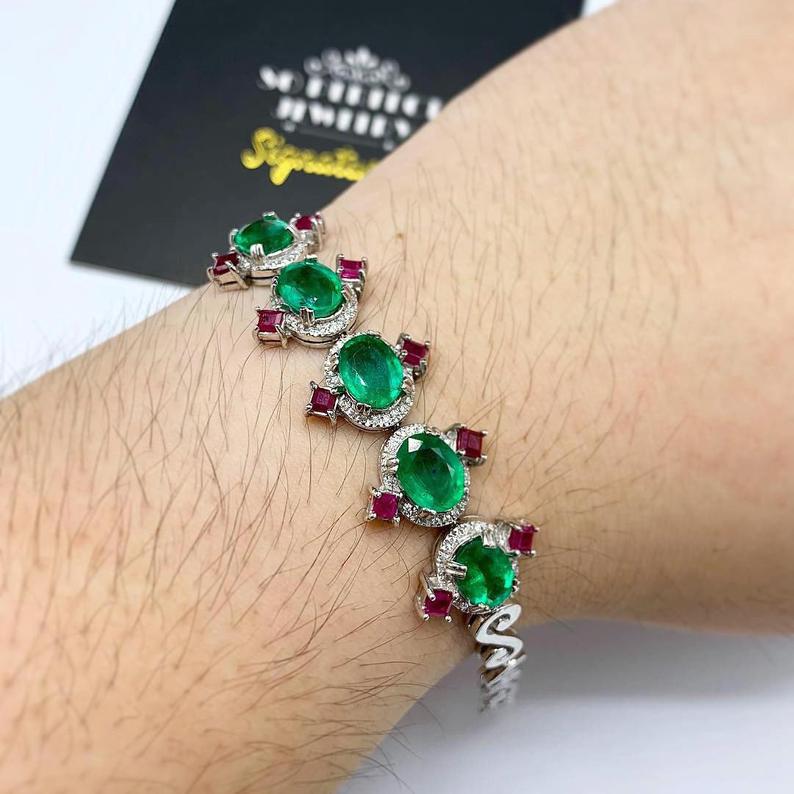 STUNNING! 11.61TCW Emerald Diamond 18K solid white gold handmade bracelet jewelry tennis anniversary zambian natural colombian vintage ruby