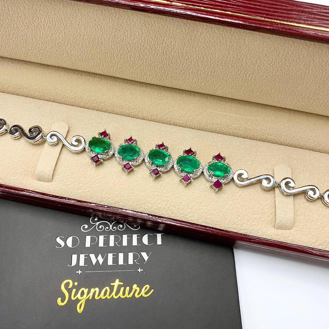 STUNNING! 11.61TCW Emerald Diamond 18K solid white gold handmade bracelet jewelry tennis anniversary zambian natural colombian vintage ruby