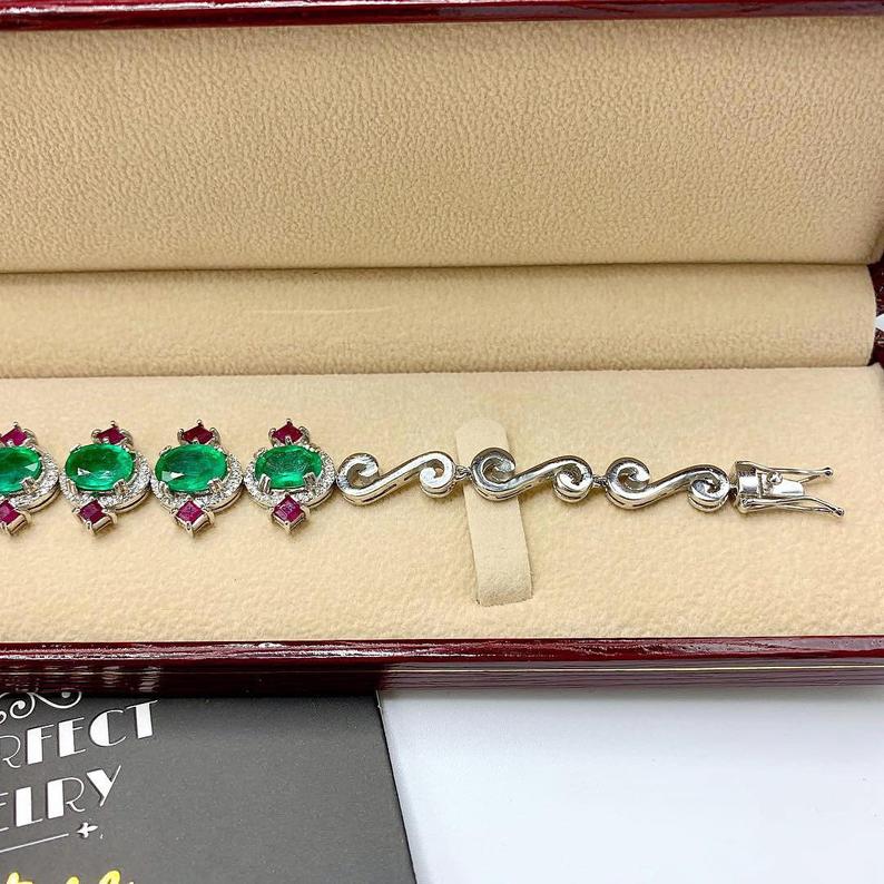 STUNNING! 11.61TCW Emerald Diamond 18K solid white gold handmade bracelet jewelry tennis anniversary zambian natural colombian vintage ruby