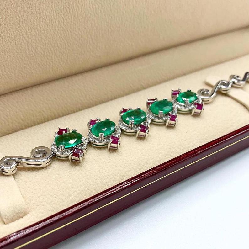 STUNNING! 11.61TCW Emerald Diamond 18K solid white gold handmade bracelet jewelry tennis anniversary zambian natural colombian vintage ruby