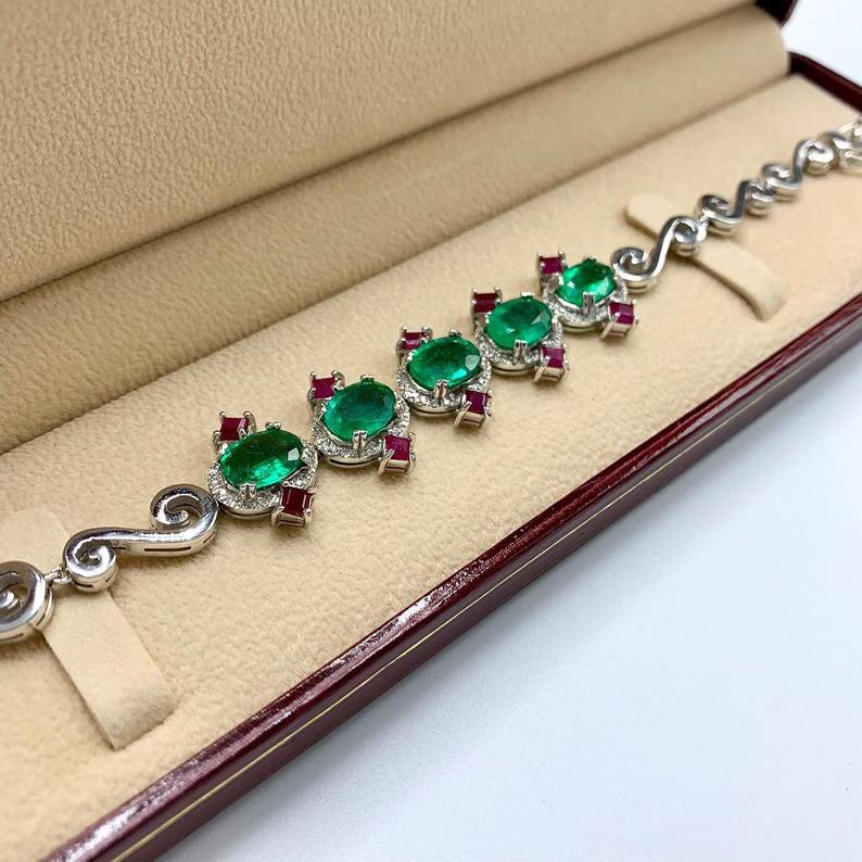 STUNNING! 11.61TCW Emerald Diamond 18K solid white gold handmade bracelet jewelry tennis anniversary zambian natural colombian vintage ruby