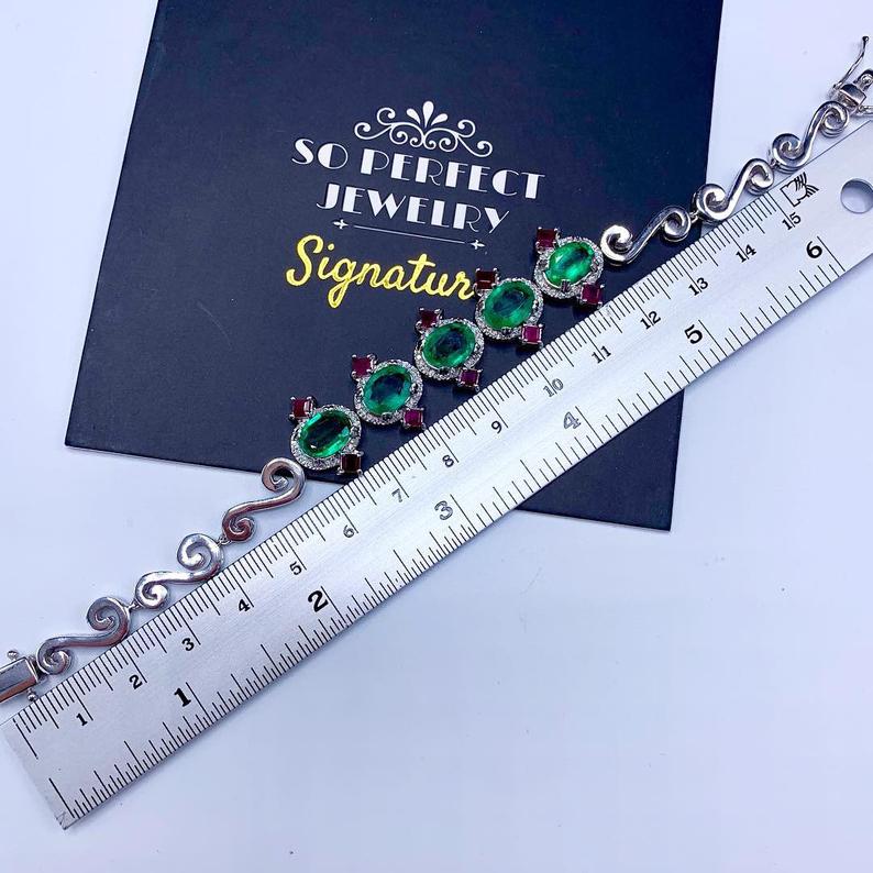 STUNNING! 11.61TCW Emerald Diamond 18K solid white gold handmade bracelet jewelry tennis anniversary zambian natural colombian vintage ruby