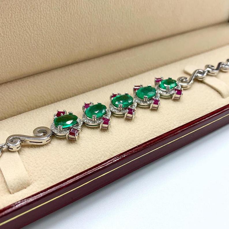 STUNNING! 11.61TCW Emerald Diamond 18K solid white gold handmade bracelet jewelry tennis anniversary zambian natural colombian vintage ruby