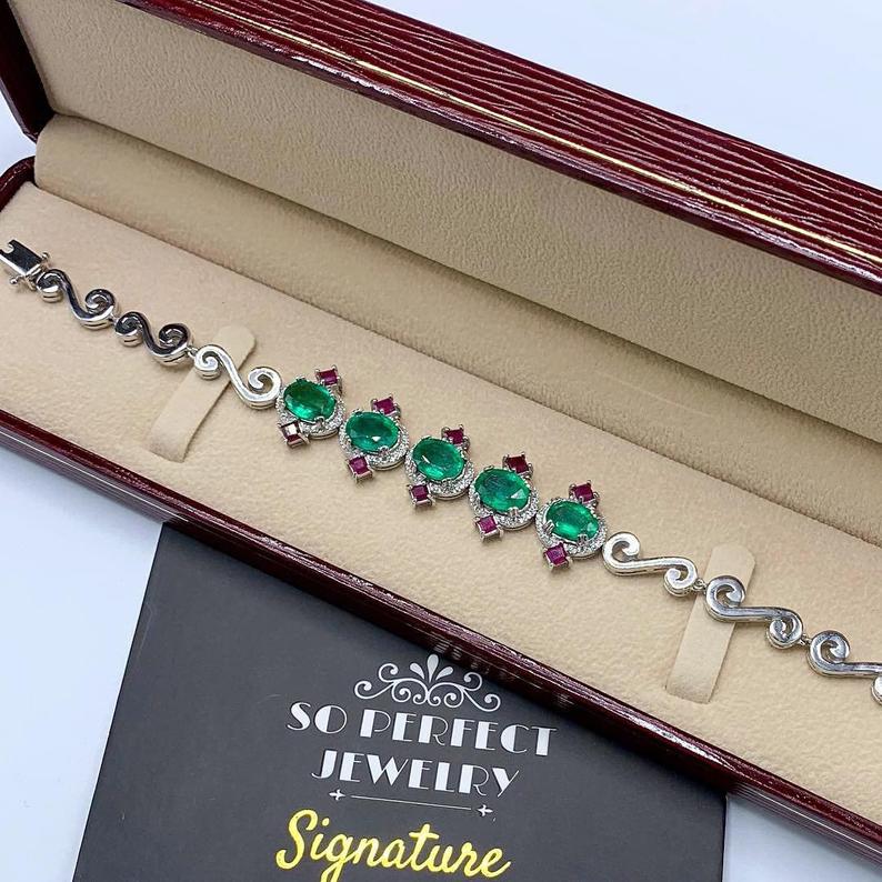 STUNNING! 11.61TCW Emerald Diamond 18K solid white gold handmade bracelet jewelry tennis anniversary zambian natural colombian vintage ruby