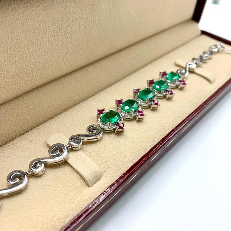 STUNNING! 11.61TCW Emerald Diamond 18K solid white gold handmade bracelet jewelry tennis anniversary zambian natural colombian vintage ruby