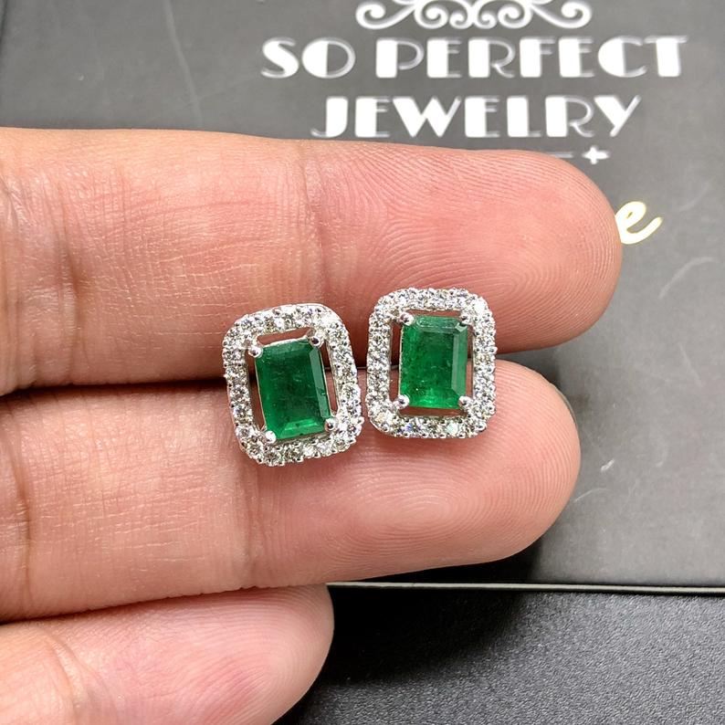 VIVID 2.43TCW Emerald VS Diamonds in 18K solid white gold earrings studs natural certified zambian Colombian halo wedding zambia christmas