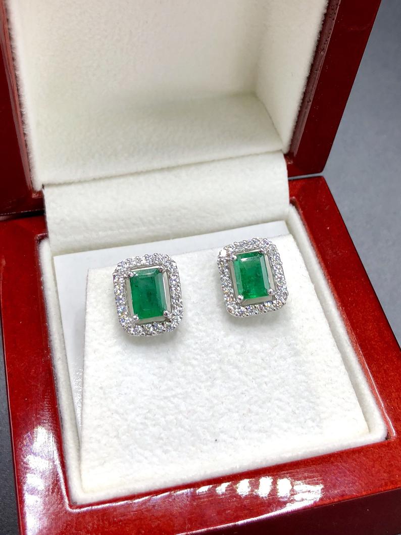 VIVID 2.43TCW Emerald VS Diamonds in 18K solid white gold earrings studs natural certified zambian Colombian halo wedding zambia christmas