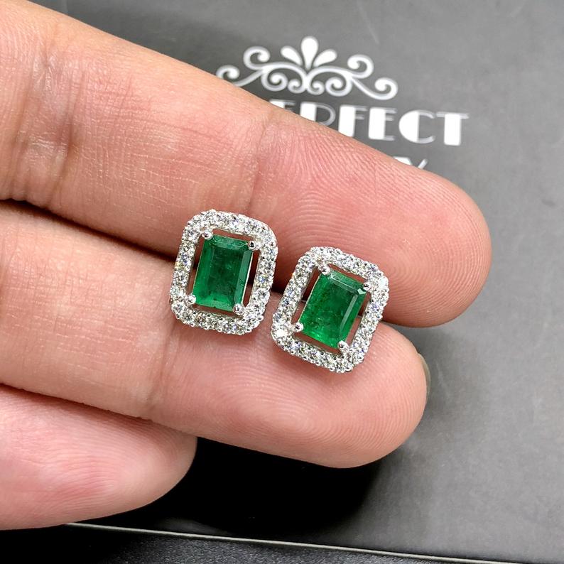 VIVID 2.43TCW Emerald VS Diamonds in 18K solid white gold earrings studs natural certified zambian Colombian halo wedding zambia christmas