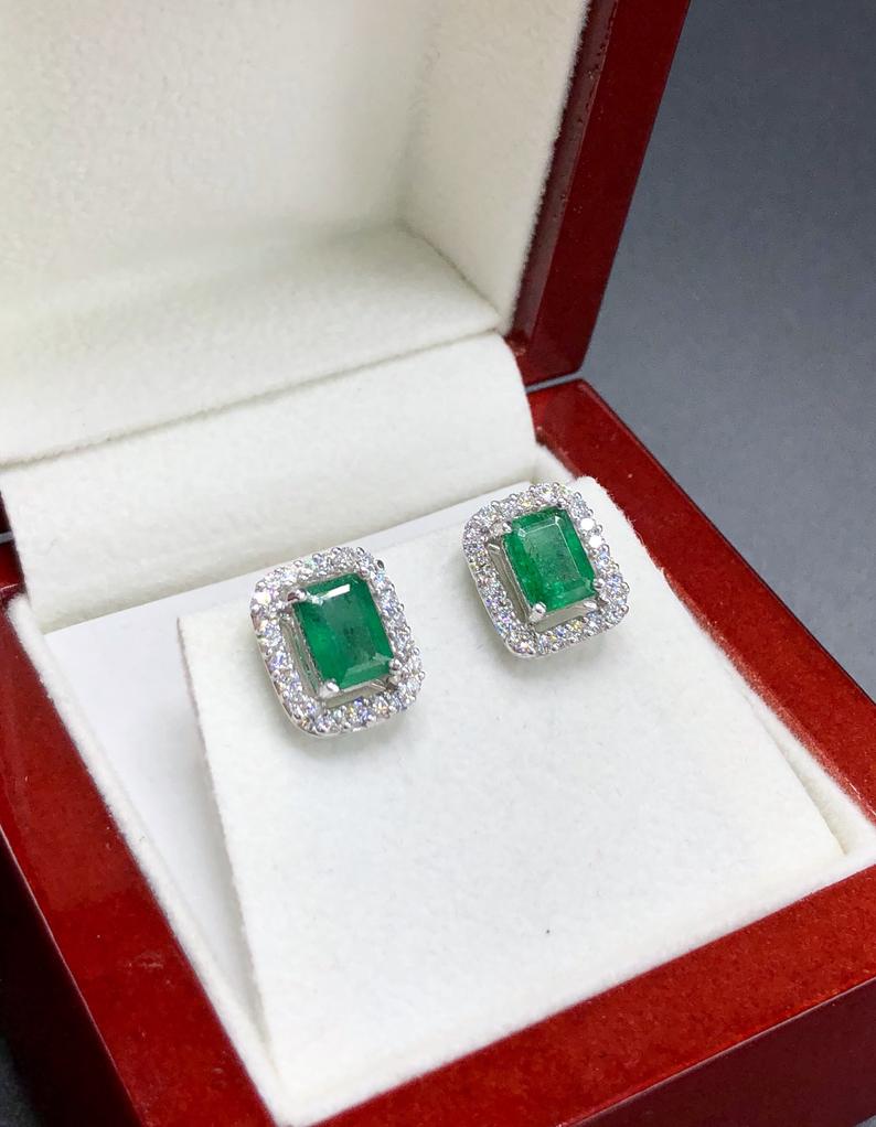 VIVID 2.43TCW Emerald VS Diamonds in 18K solid white gold earrings studs natural certified zambian Colombian halo wedding zambia christmas