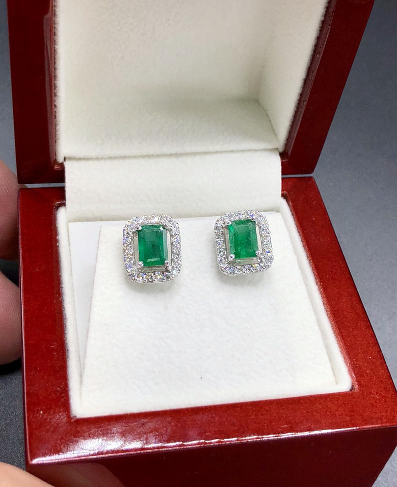 VIVID 2.43TCW Emerald VS Diamonds in 18K solid white gold earrings studs natural certified zambian Colombian halo wedding zambia christmas