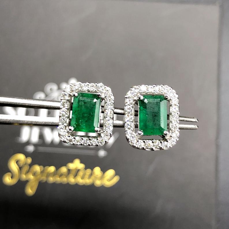 VIVID 2.43TCW Emerald VS Diamonds in 18K solid white gold earrings studs natural certified zambian Colombian halo wedding zambia christmas