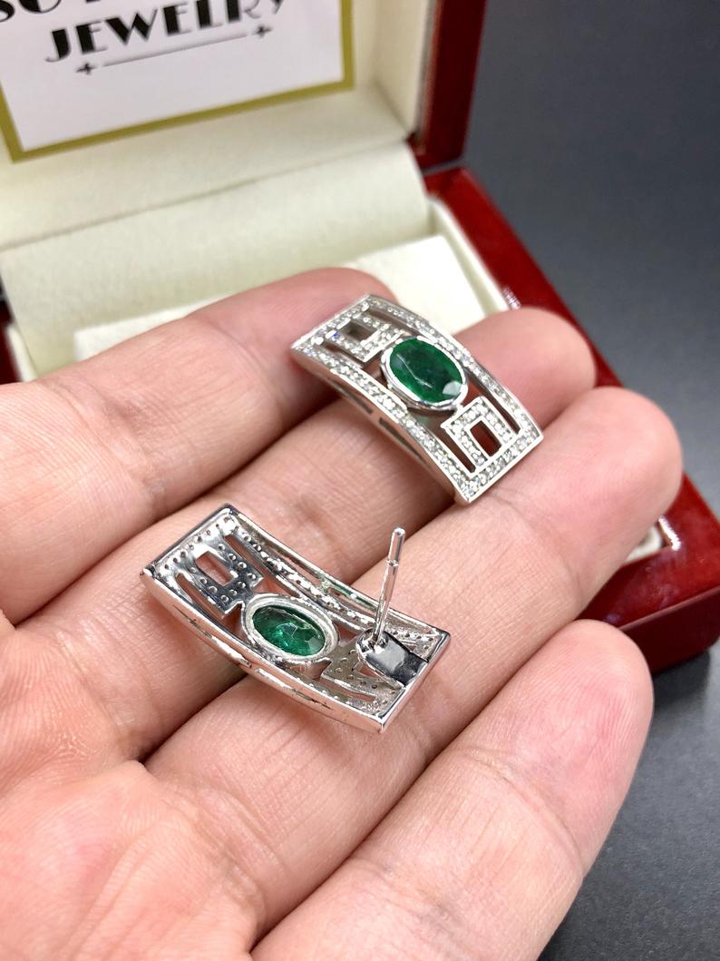 Art-Deco 4.38TCW Emeralds & VS Diamonds in handmade 18K solid WHITE gold earrings vintage Colombian Zambian green clean natural authentic