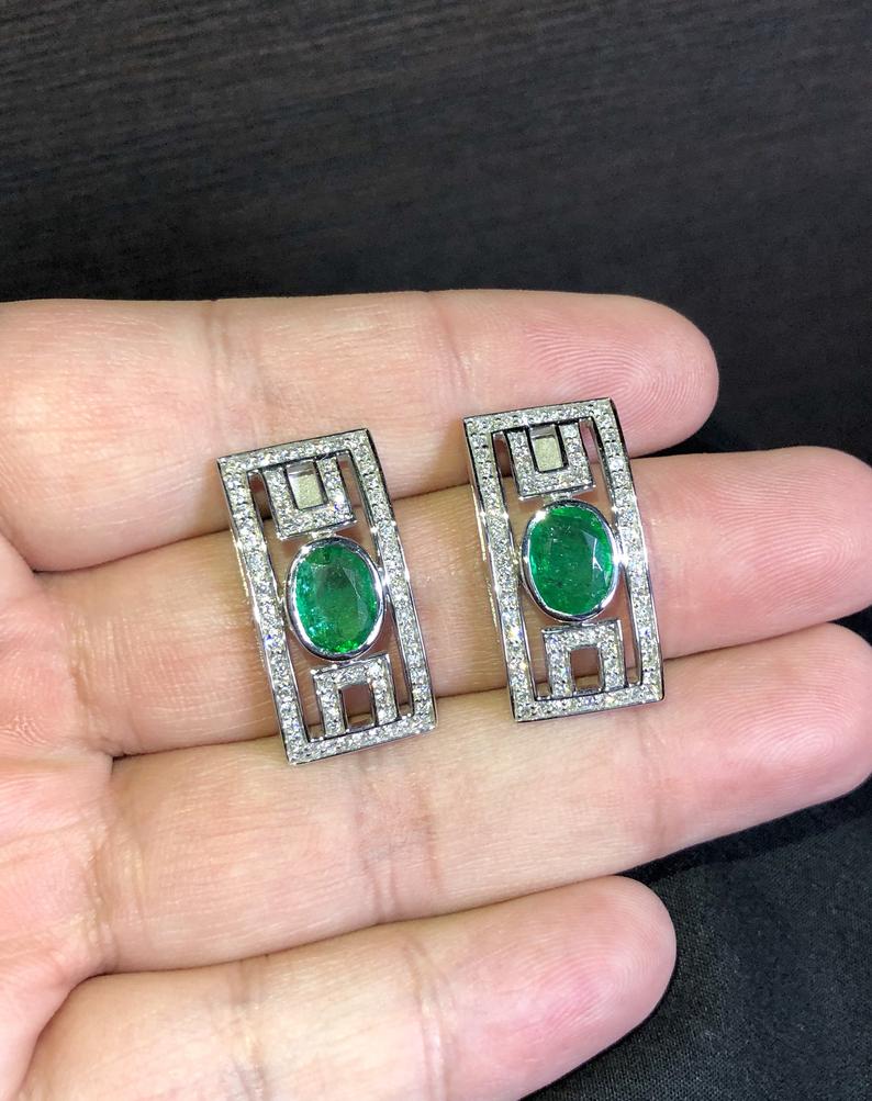 Art-Deco 4.38TCW Emeralds & VS Diamonds in handmade 18K solid WHITE gold earrings vintage Colombian Zambian green clean natural authentic