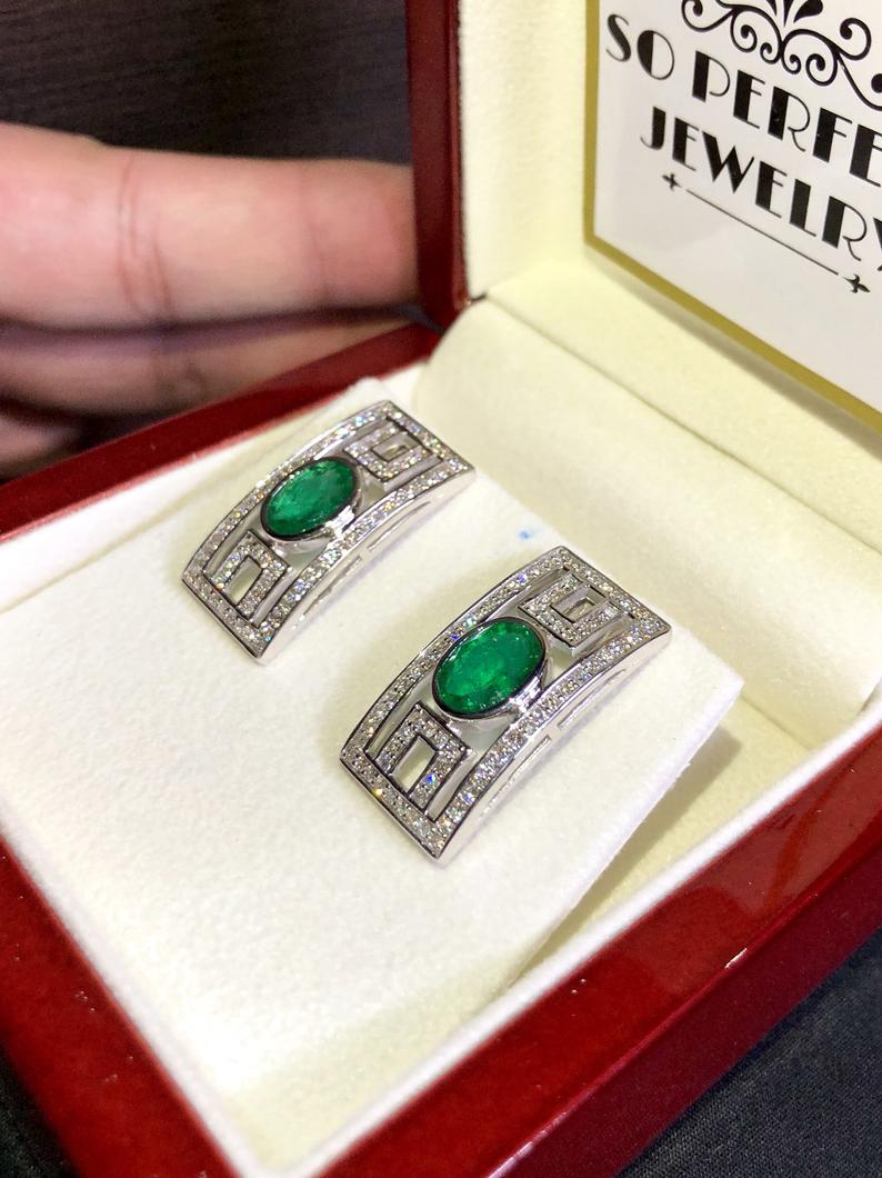 Art-Deco 4.38TCW Emeralds & VS Diamonds in handmade 18K solid WHITE gold earrings vintage Colombian Zambian green clean natural authentic