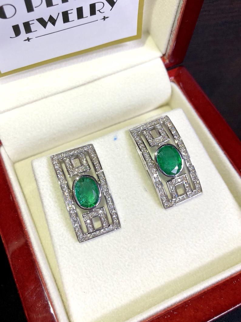 Art-Deco 4.38TCW Emeralds & VS Diamonds in handmade 18K solid WHITE gold earrings vintage Colombian Zambian green clean natural authentic