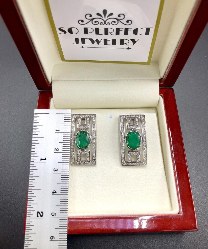 Art-Deco 4.38TCW Emeralds & VS Diamonds in handmade 18K solid WHITE gold earrings vintage Colombian Zambian green clean natural authentic