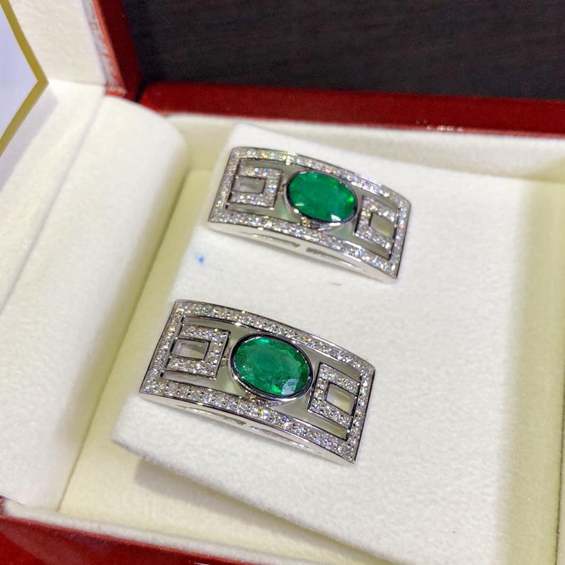 Art-Deco 4.38TCW Emeralds & VS Diamonds in handmade 18K solid WHITE gold earrings vintage Colombian Zambian green clean natural authentic