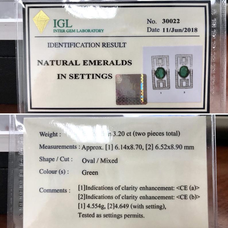 Art-Deco 4.38TCW Emeralds & VS Diamonds in handmade 18K solid WHITE gold earrings vintage Colombian Zambian green clean natural authentic