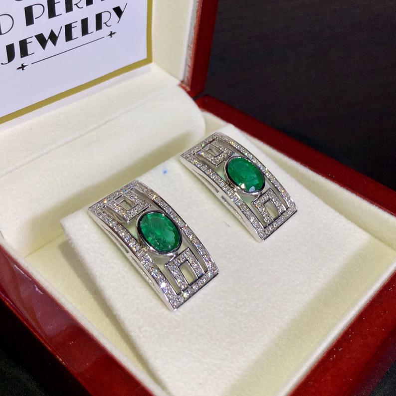 Art-Deco 4.38TCW Emeralds & VS Diamonds in handmade 18K solid WHITE gold earrings vintage Colombian Zambian green clean natural authentic