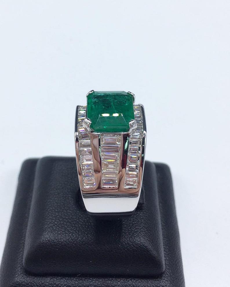 HIC! 7.02TCW Natural Emerald Diamonds handmade 18K Solid White gold mens ring estate certified zambian colombian gentleman unisex man