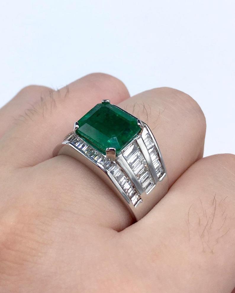 HIC! 7.02TCW Natural Emerald Diamonds handmade 18K Solid White gold mens ring estate certified zambian colombian gentleman unisex man