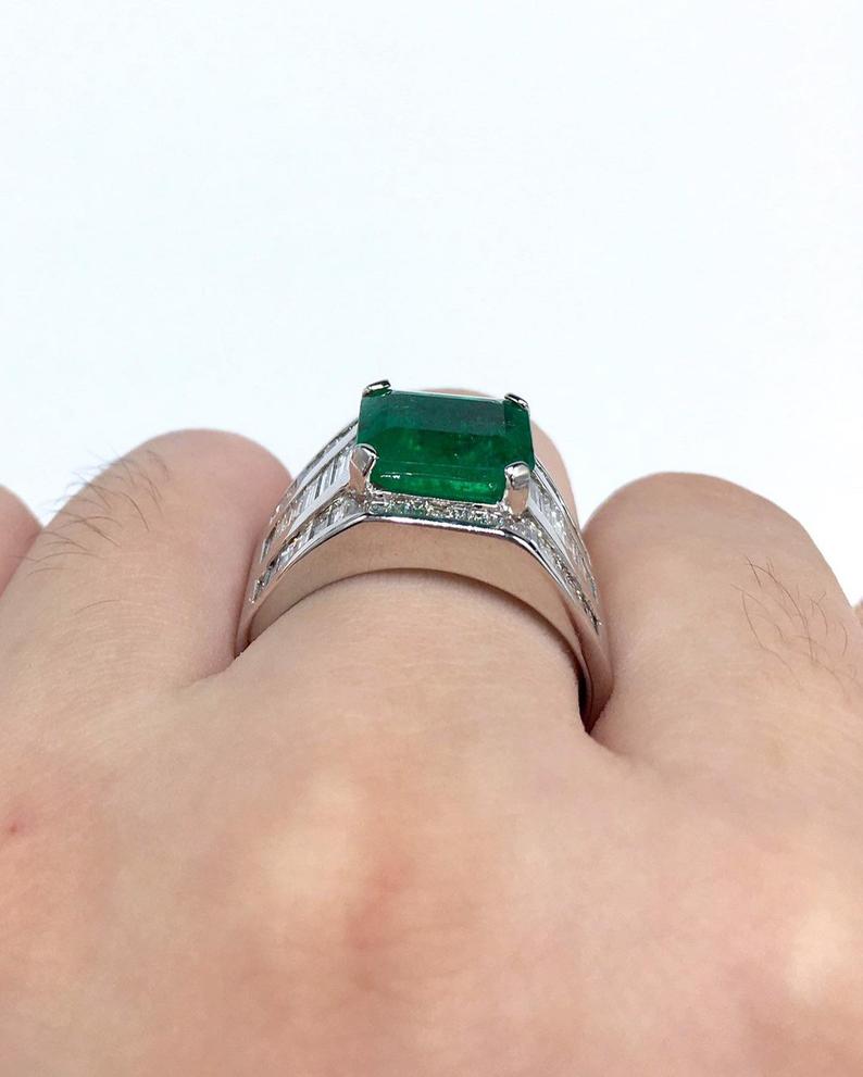 HIC! 7.02TCW Natural Emerald Diamonds handmade 18K Solid White gold mens ring estate certified zambian colombian gentleman unisex man