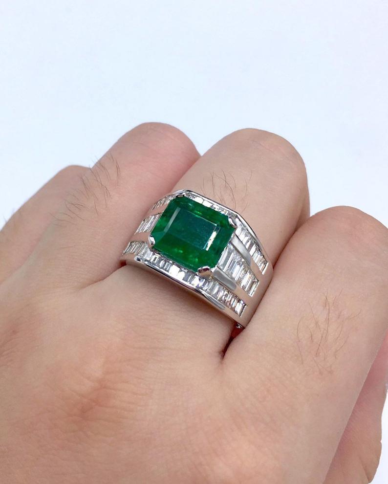 HIC! 7.02TCW Natural Emerald Diamonds handmade 18K Solid White gold mens ring estate certified zambian colombian gentleman unisex man