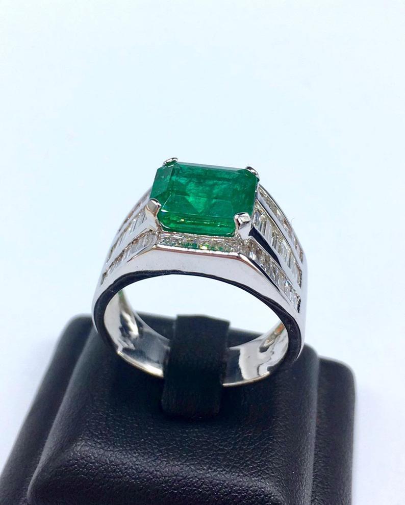 HIC! 7.02TCW Natural Emerald Diamonds handmade 18K Solid White gold mens ring estate certified zambian colombian gentleman unisex man