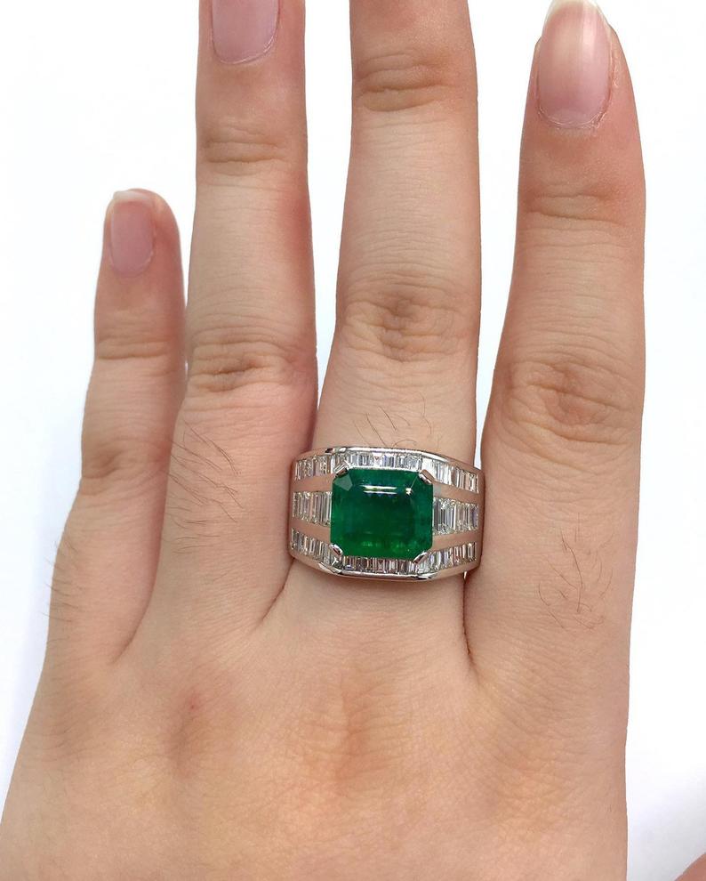 HIC! 7.02TCW Natural Emerald Diamonds handmade 18K Solid White gold mens ring estate certified zambian colombian gentleman unisex man