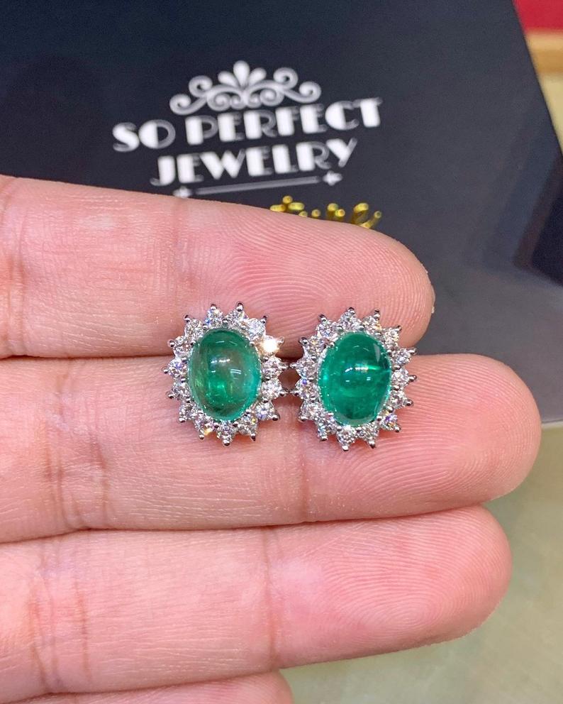 WOW! 5.65TCW Emerald VS Diamond 18K solid white gold earrings studs natural zambian Christmas halo wedding zambia cabochon clean vintage big