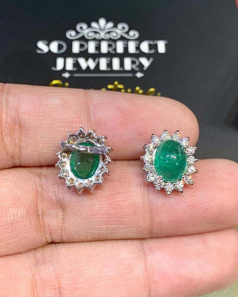 WOW! 5.65TCW Emerald VS Diamond 18K solid white gold earrings studs natural zambian Christmas halo wedding zambia cabochon clean vintage big