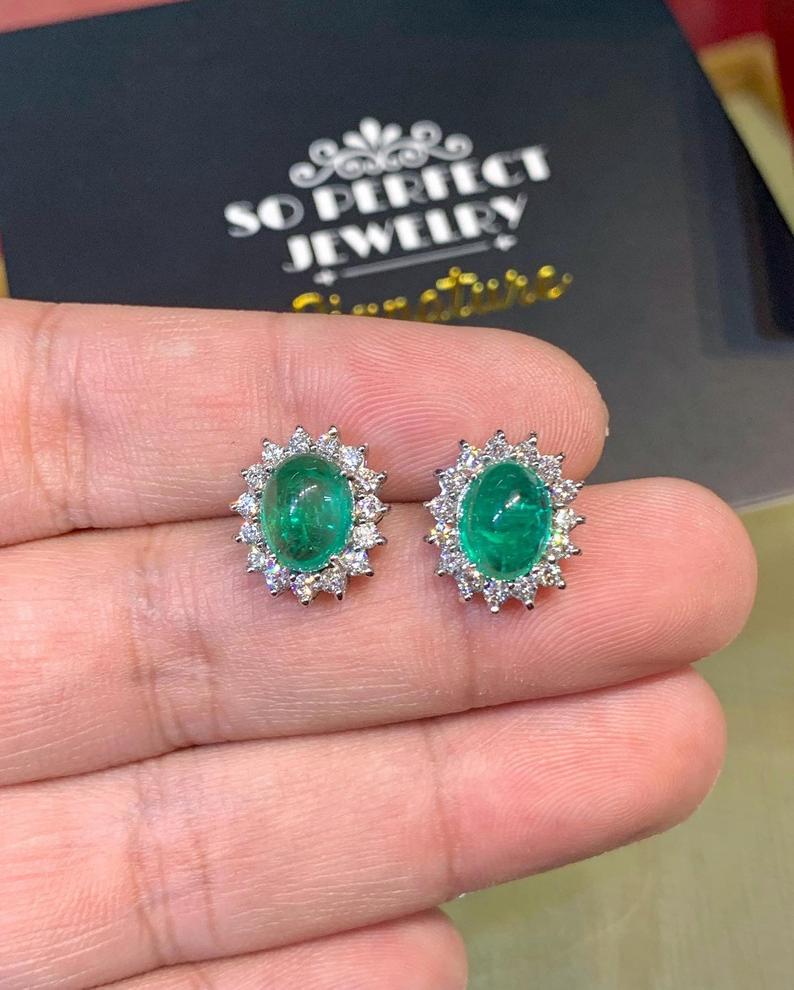 WOW! 5.65TCW Emerald VS Diamond 18K solid white gold earrings studs natural zambian Christmas halo wedding zambia cabochon clean vintage big