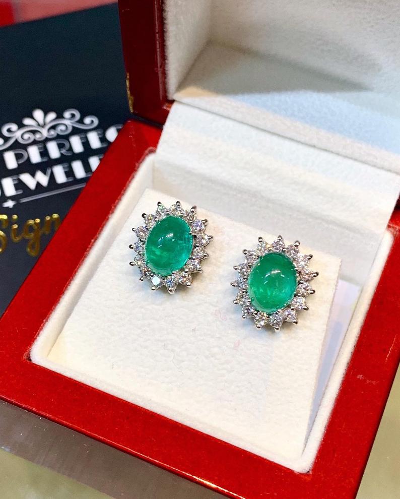 WOW! 5.65TCW Emerald VS Diamond 18K solid white gold earrings studs natural zambian Christmas halo wedding zambia cabochon clean vintage big