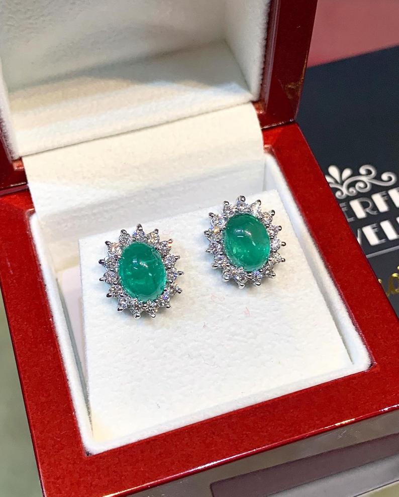 WOW! 5.65TCW Emerald VS Diamond 18K solid white gold earrings studs natural zambian Christmas halo wedding zambia cabochon clean vintage big