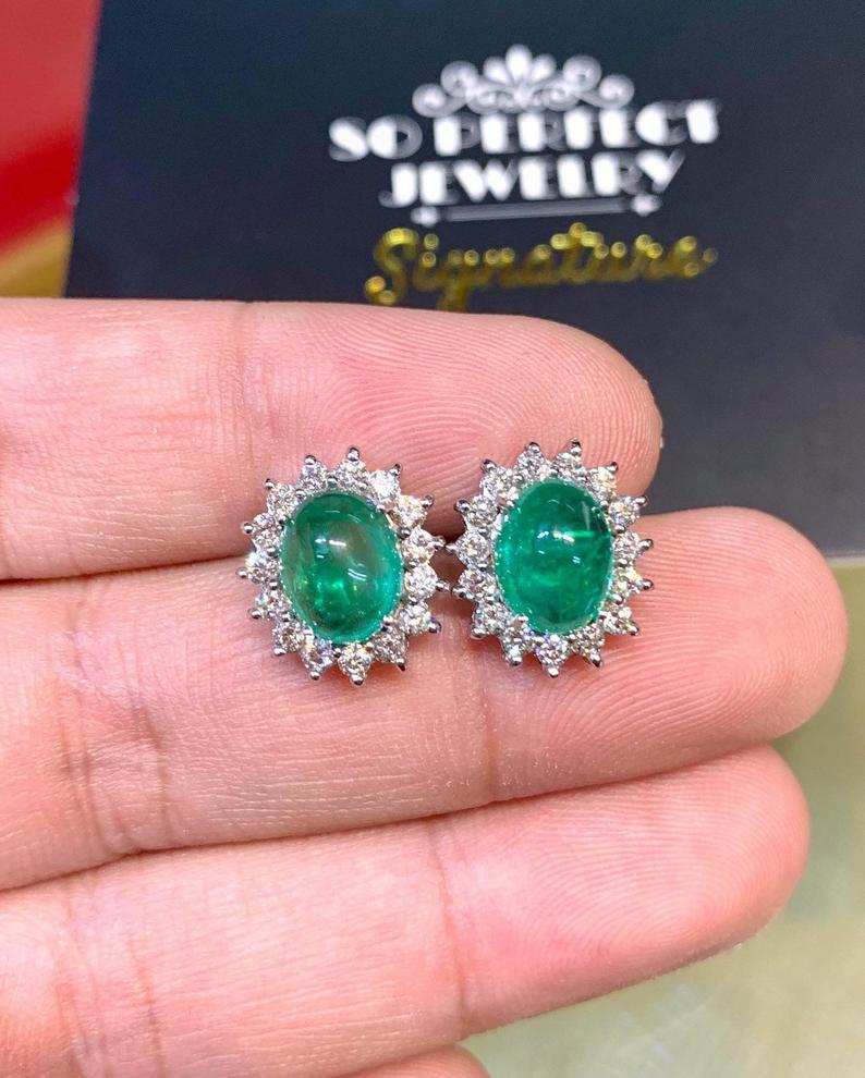 WOW! 5.65TCW Emerald VS Diamond 18K solid white gold earrings studs natural zambian Christmas halo wedding zambia cabochon clean vintage big