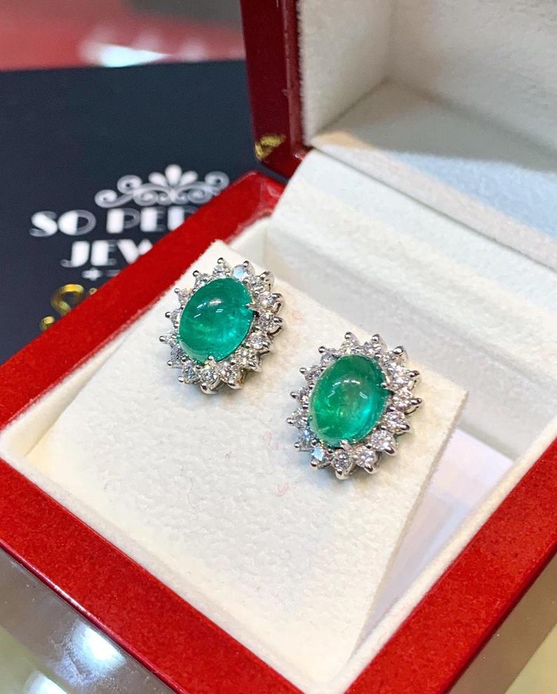 WOW! 5.65TCW Emerald VS Diamond 18K solid white gold earrings studs natural zambian Christmas halo wedding zambia cabochon clean vintage big