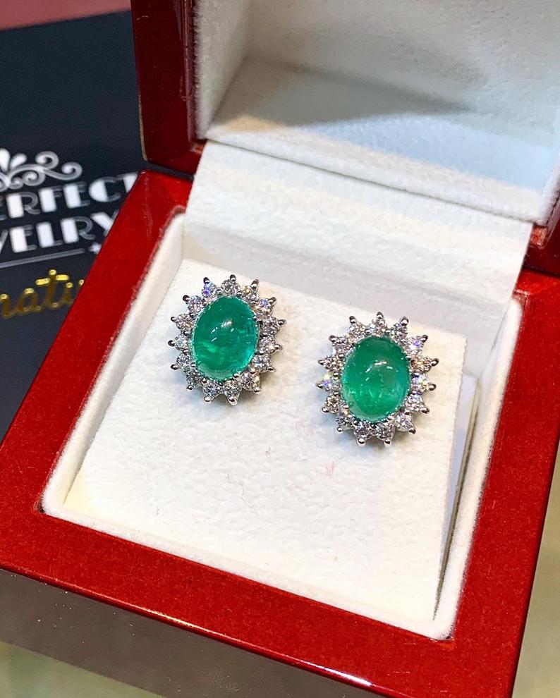 WOW! 5.65TCW Emerald VS Diamond 18K solid white gold earrings studs natural zambian Christmas halo wedding zambia cabochon clean vintage big